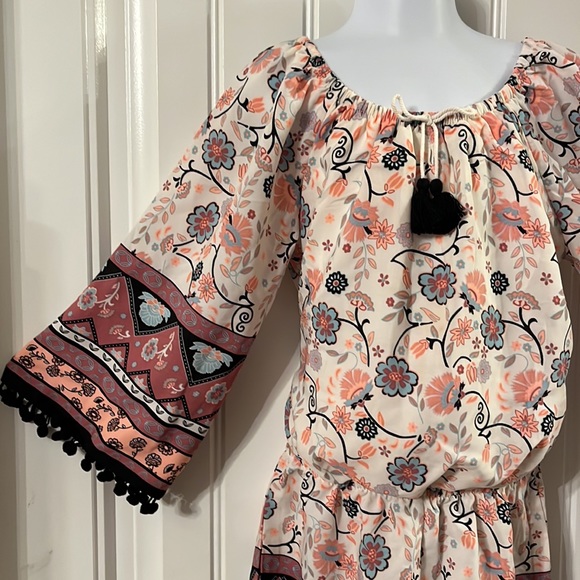 MY MICHELLE GIRLS Floral Lined Romper Size M Pom Pom Fringe with Tassel Tie - Picture 4 of 7